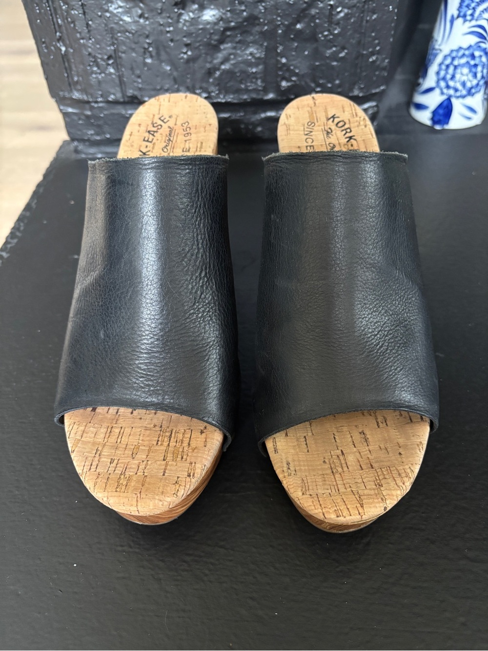 Kork-Ease Black Leather Cork Mule Slides